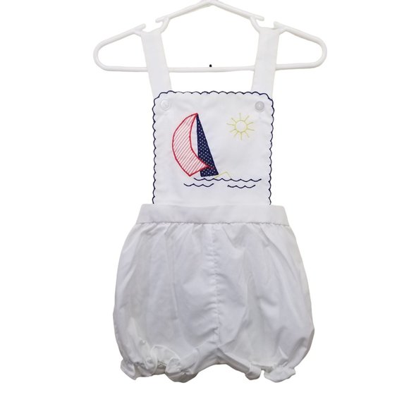 White Sailboat Romper Shortalls Embroidered Vintage 24M - Picture 1 of 5